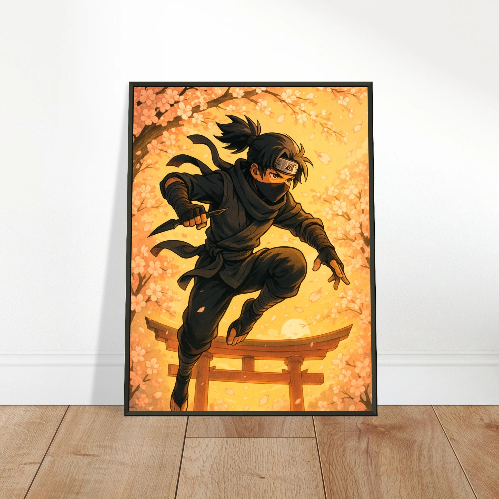 HANAKAGE Shadow in Bloom Anime Poster im schwarzen Metallrahmen – an die Wand gelehnt auf Holzboden, realistische Produktdarstellung.
