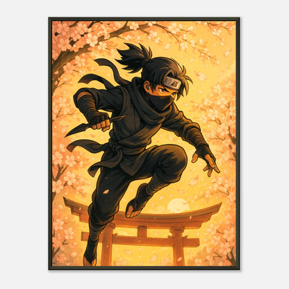 HANAKAGE Shadow in Bloom Anime Ninja Poster mit schwarzem Metallrahmen – Hauptmotiv, japanische Kirschblüten, hochwertige Wandkunst von Defa Designs.