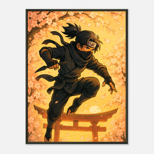 HANAKAGE Shadow in Bloom Anime Ninja Poster mit schwarzem Metallrahmen – Hauptmotiv, japanische Kirschblüten, hochwertige Wandkunst von Defa Designs.