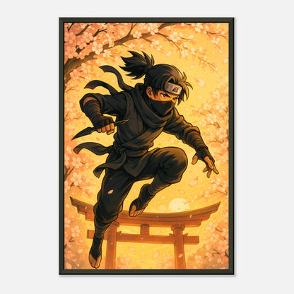 Frontalansicht des HANAKAGE Shadow in Bloom Anime Ninja Posters im schwarzen Metallrahmen – detaillierte Illustration, japanische Ästhetik.