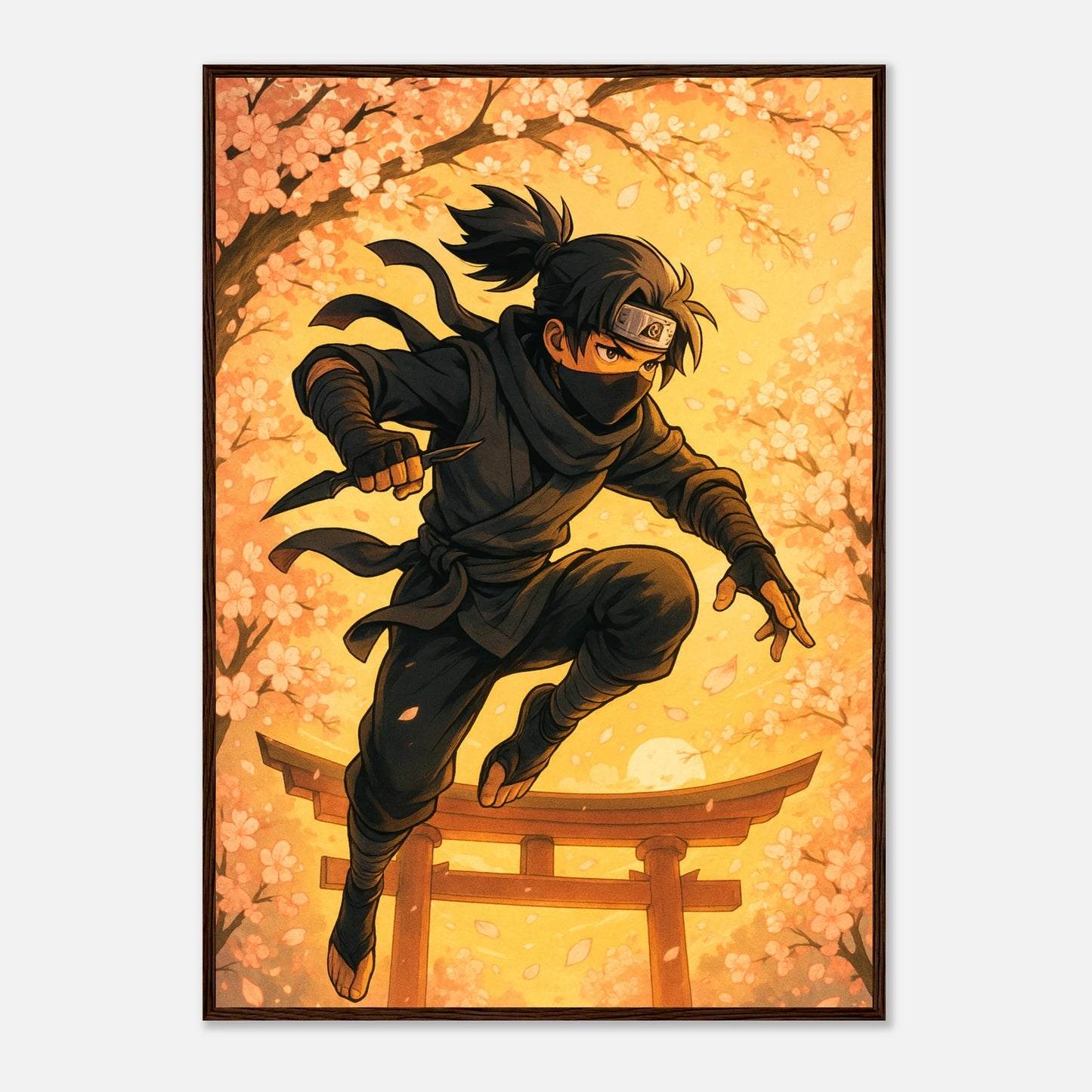 HANAKAGE Poster im dunkelbraunen Holzrahmen – goldene Kirschblüten und ein mystischer Ninja in Bewegung. Premium Anime-Wandkunst mit japanischer Atmosphäre von Defa Designs.