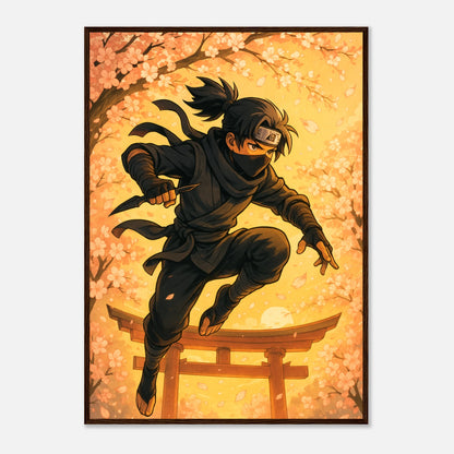 HANAKAGE Poster im dunkelbraunen Holzrahmen – goldene Kirschblüten und ein mystischer Ninja in Bewegung. Premium Anime-Wandkunst mit japanischer Atmosphäre von Defa Designs.
