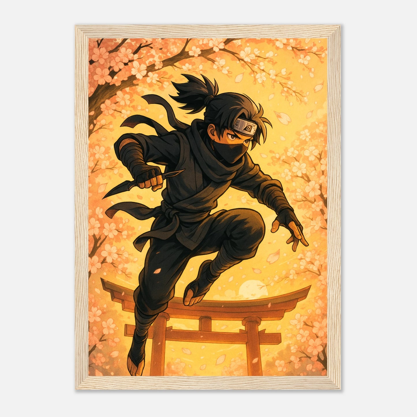 HANAKAGE Poster im hellbraunen Holzrahmen – eleganter Ninja in goldenen Blüten, wo Schatten und Schönheit verschmelzen. Japanisch inspirierte Anime-Kunst von Defa Designs.
