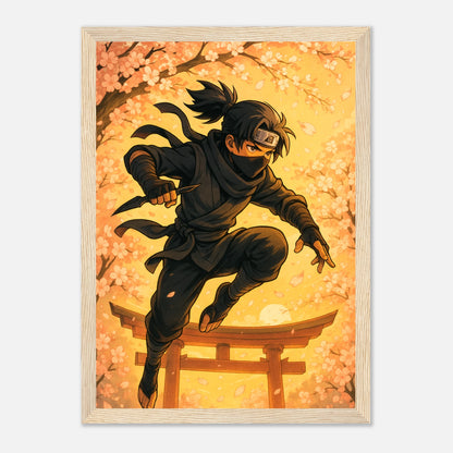 HANAKAGE Poster im hellbraunen Holzrahmen – eleganter Ninja in goldenen Blüten, wo Schatten und Schönheit verschmelzen. Japanisch inspirierte Anime-Kunst von Defa Designs.