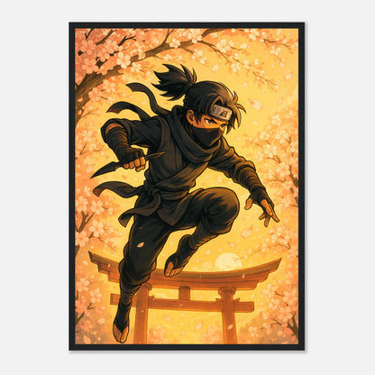 HANAKAGE Poster im schwarzen Rahmen – starker Kontrast aus goldenen Blüten und dunkler Ninja-Figur, symbolisiert Balance zwischen Eleganz und Kraft. Defa Designs.