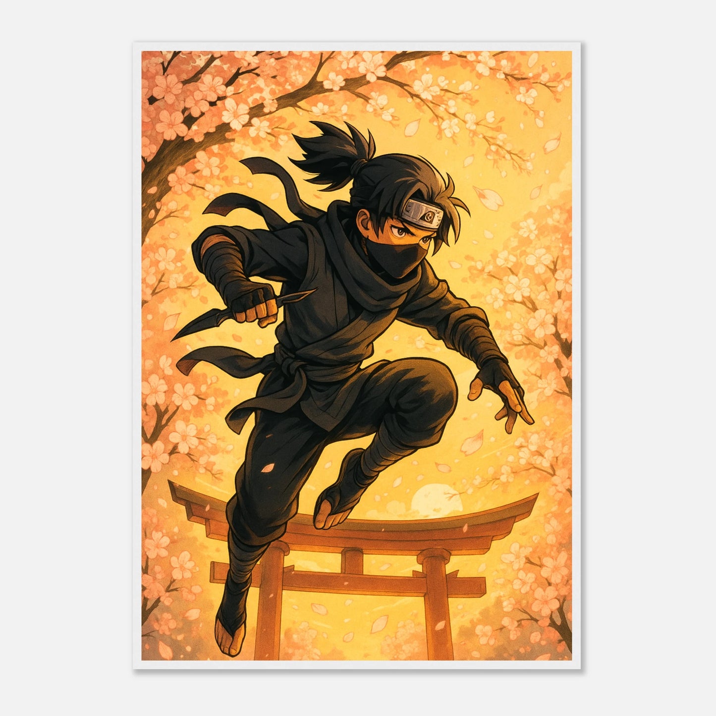 HANAKAGE Poster im weißen Rahmen – goldgelbe Blüten treffen auf einen stillen Schattenkrieger. Japanische Anime-Kunst mit sanfter Lichtwirkung und feiner Struktur.