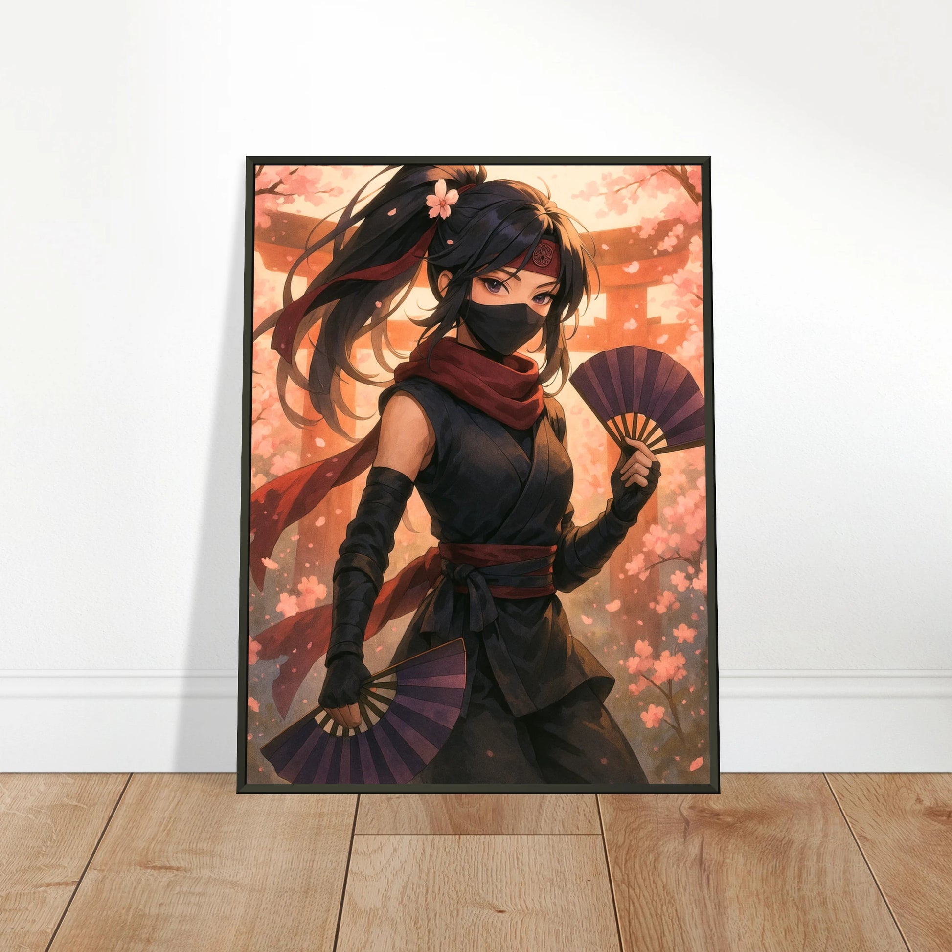 „HANAMI YUREI – Dance of the Silent Bloom“ an die Wand gelehnt – stilvolles Anime-Design mit warmer Farbkomposition | DEFA Designs