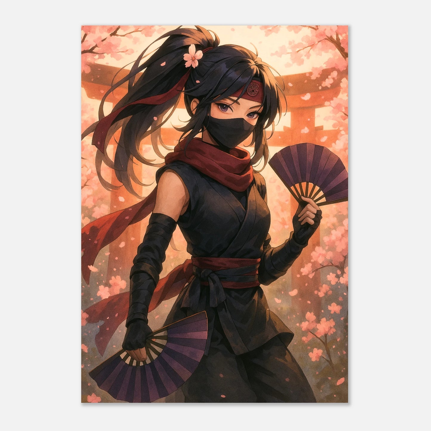 Anime Poster Hanami Yurei – Dance of the Silent Bloom. Hochwertiges Wandbild mit Ninja-Kriegerin in Kirschblüten-Design
