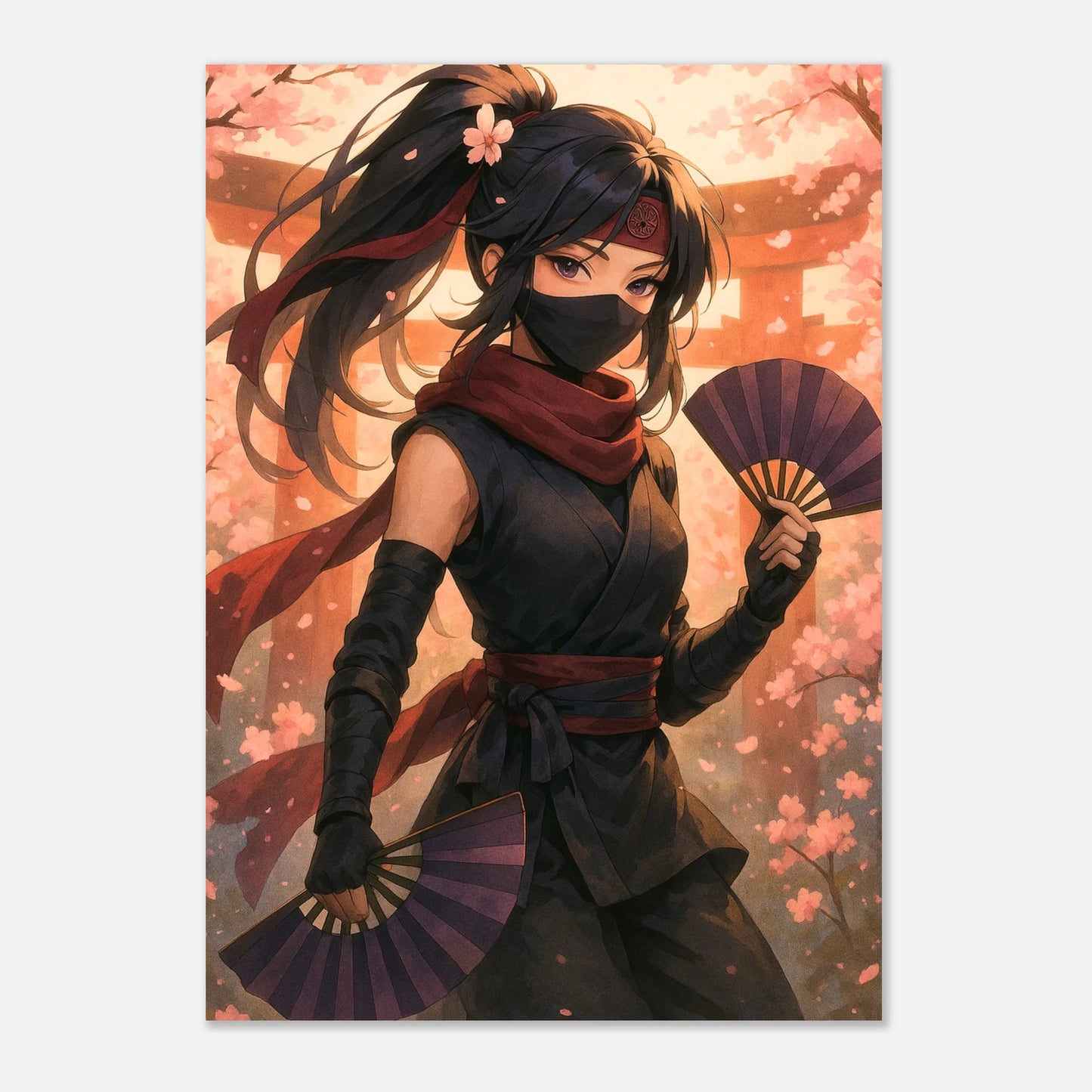 Detailansicht Hanami Yurei Anime Poster – weibliche Ninja Kriegerin mit Fächer und Kirschblütenhintergrund als Kunstprint