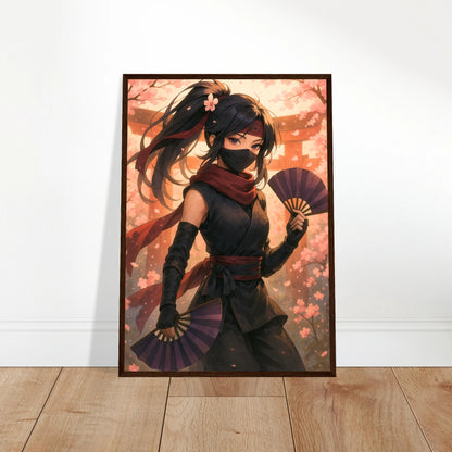 HANAMI YUREI Anime Poster an die Wand gelehnt, kunstvolle Kriegerin mit Kirschblütenhintergrund, modernes japanisches Design-Poster von Defa Designs.