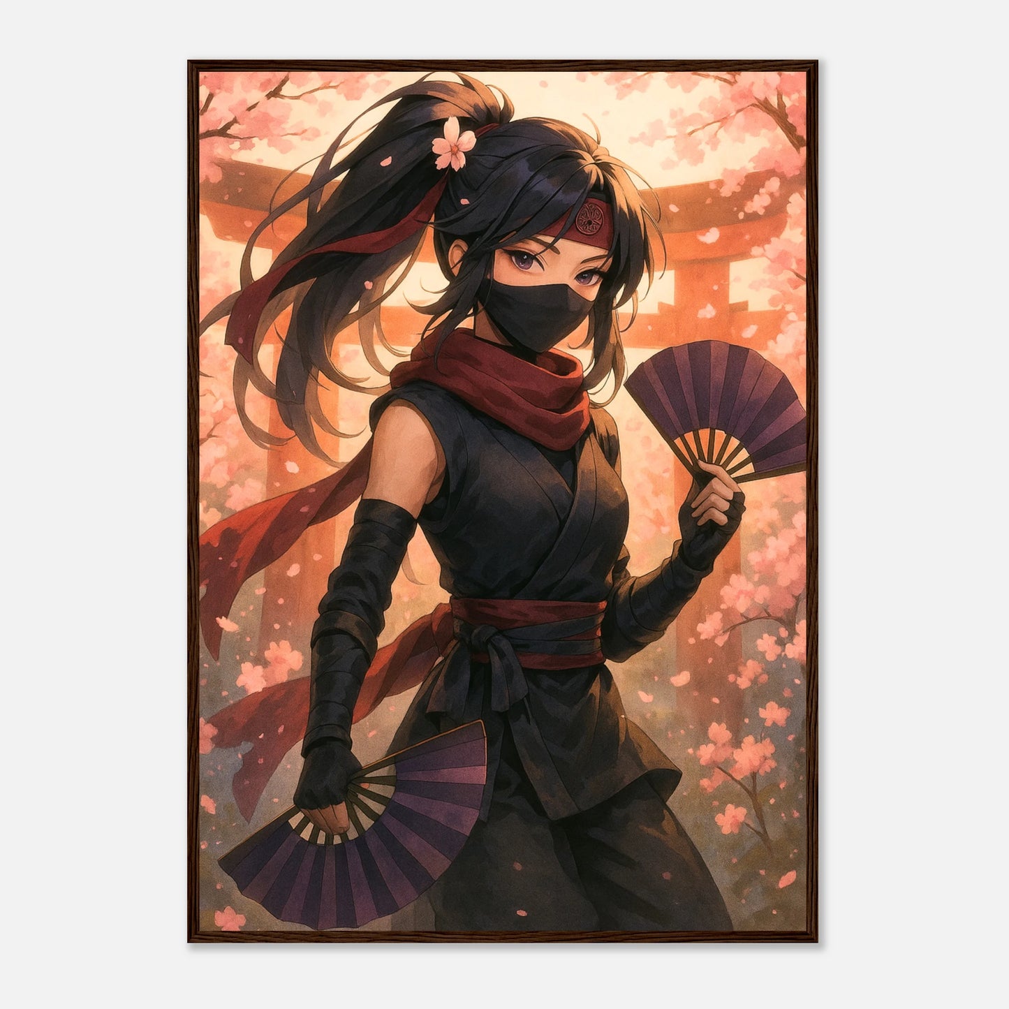 HANAMI YUREI Poster im dunkelbraunen Rahmen, Ninja-Kriegerin mit roten Accessoires im Kirschblütenhintergrund, edle japanische Anime-Dekoration für moderne Räume.