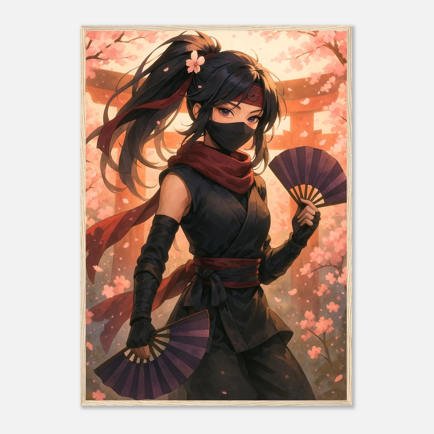 HANAMI YUREI – Dance of the Silent Bloom Poster im hellbraunen Holzrahmen, weibliche Kriegerin im Kirschblütenregen, Anime-Kunst mit warmem Flair von Defa Designs.