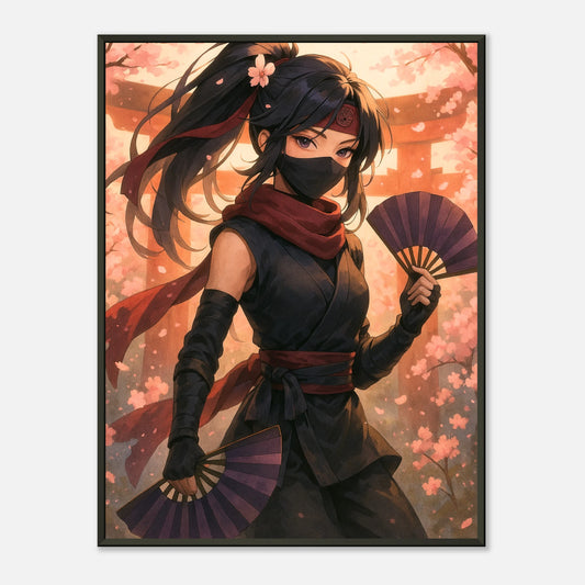 „HANAMI YUREI – Dance of the Silent Bloom“ Poster – elegante Anime-Ninja-Kunst mit roten Blütenblättern & starker Ausstrahlung | DEFA Designs