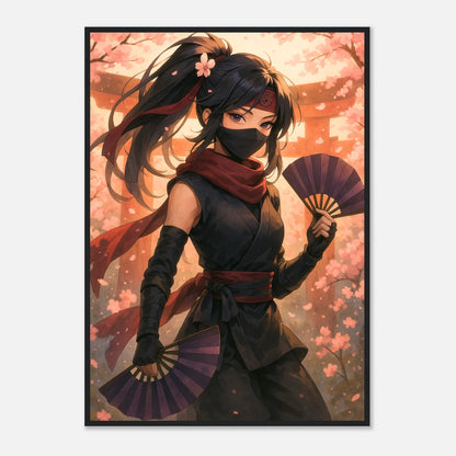 HANAMI YUREI – Dance of the Silent Bloom Poster im schwarzen Rahmen, elegante Ninja-Kriegerin im Kirschblütenwind, stilvolle japanische Anime-Kunst von Defa Designs.