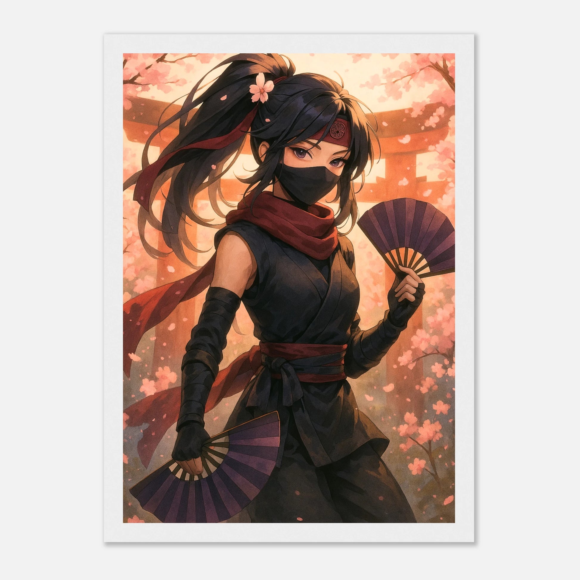 HANAMI YUREI Anime Poster im weißen Rahmen, maskierte Samurai-Frau mit Fächern, umgeben von rosa Blüten, zarte japanische Wandkunst in Premiumqualität.