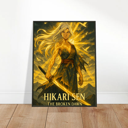 Hikari Sen Anime Poster an die Wand gelehnt – goldener Samurai Kunstdruck im modernen Wohnstil