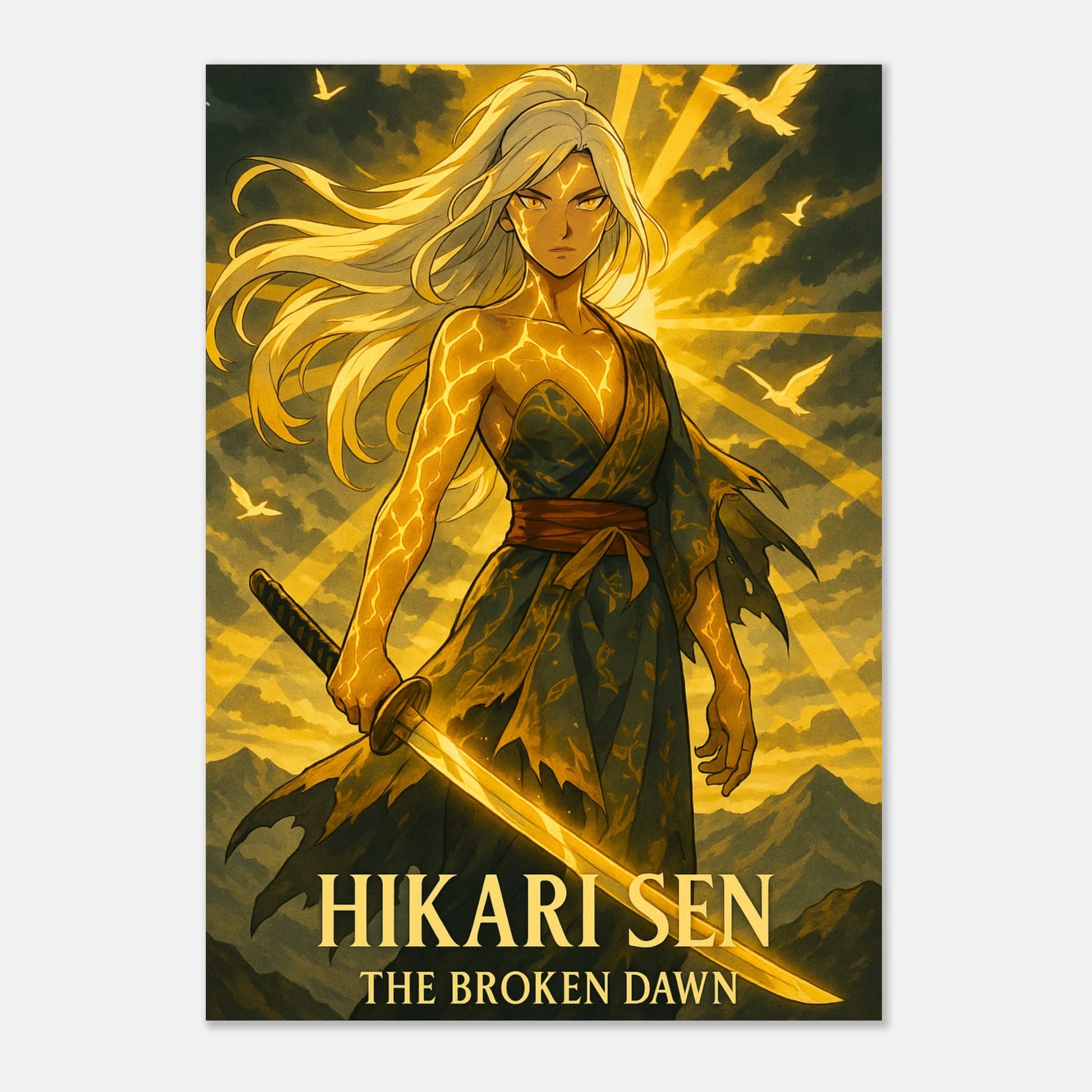 Anime Poster – HIKARI SEN The Broken Dawn, dekoratives Wandposter mit goldener Lichtstimmung