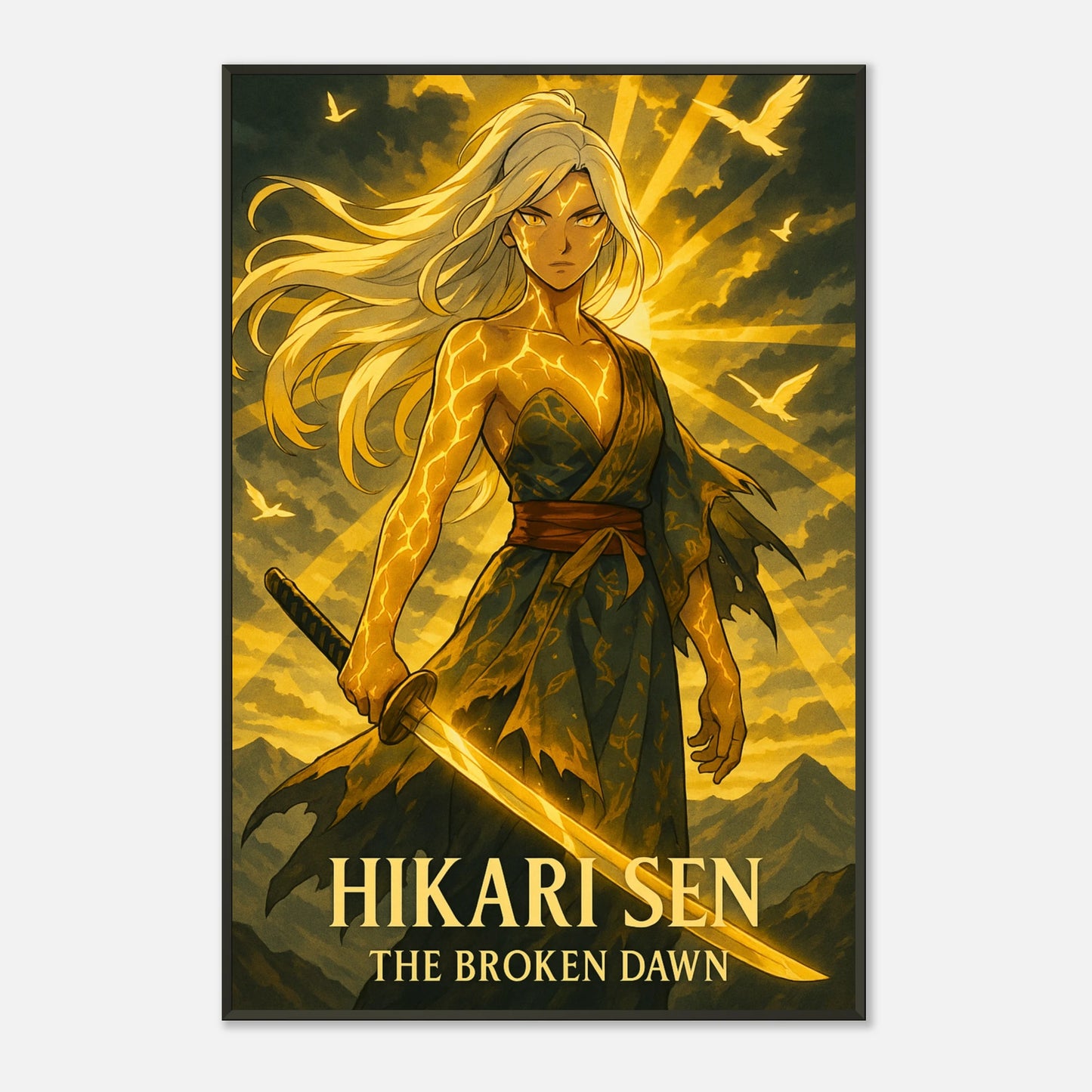 Halbprofil Ansicht von Hikari Sen Anime Poster – goldener Samurai im schwarzen Metallrahmen, Premium-Druck