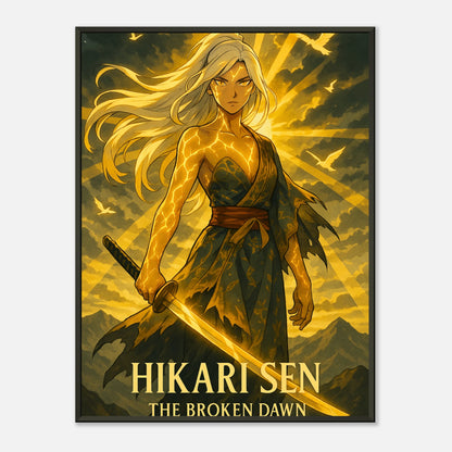 Hikari Sen Anime Poster im schwarzen Metallrahmen – episches goldenes Samurai Wandbild von Defa Designs