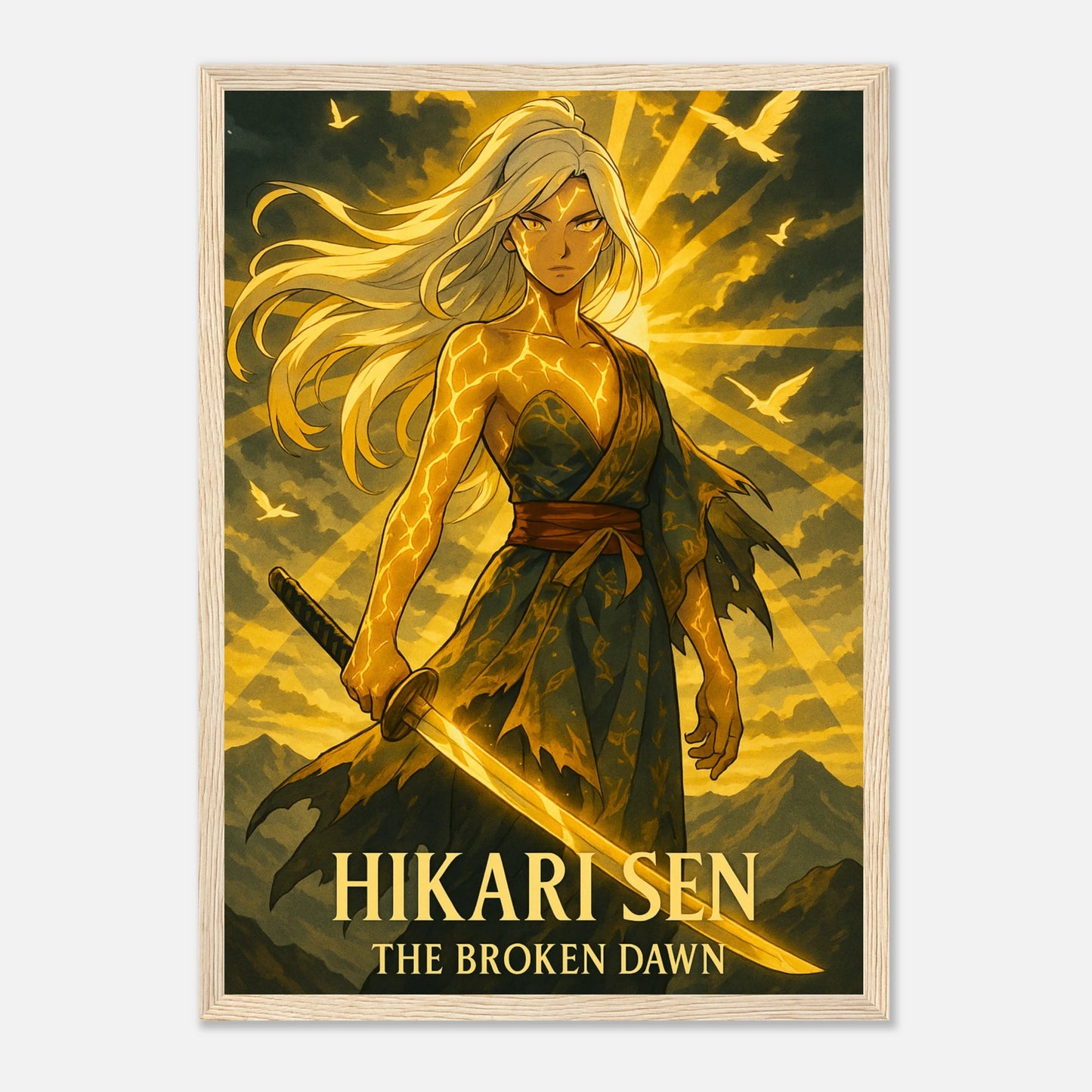 HIKARI SEN Poster im hellbraunen Holzrahmen – leuchtender Samurai in goldenem Licht, Anime-Kunst mit göttlicher Energie und Hoffnung. Premium-Druck von Defa Designs.