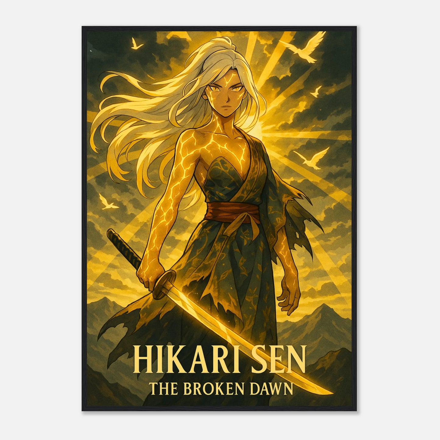 HIKARI SEN Poster im schwarzen Rahmen – strahlender Samurai-Krieger im goldenen Feuer, intensives Anime-Kunstwerk mit spiritueller Kraft. Defa Designs.