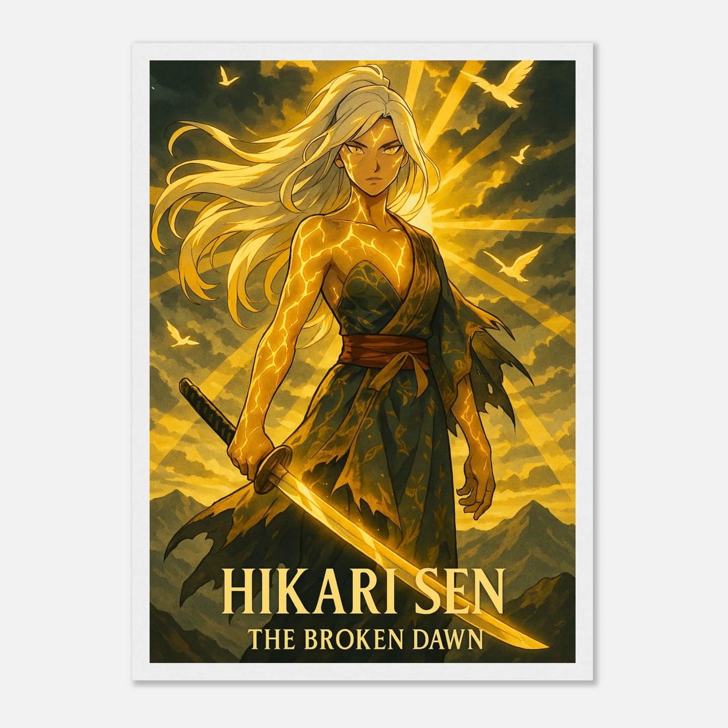 HIKARI SEN Poster im weißen Rahmen – Anime-Samurai in goldener Aura, Symbol für Stärke und Licht, elegantes japanisches Design. Defa Designs Premium Art.