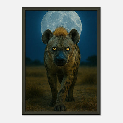 Nahaufnahme vom Wild Nights Hyänen-Poster – intensive Tierillustration mit Vollmond im schwarzen Metallrahmen, moderne Wandkunst | DEFA Designs