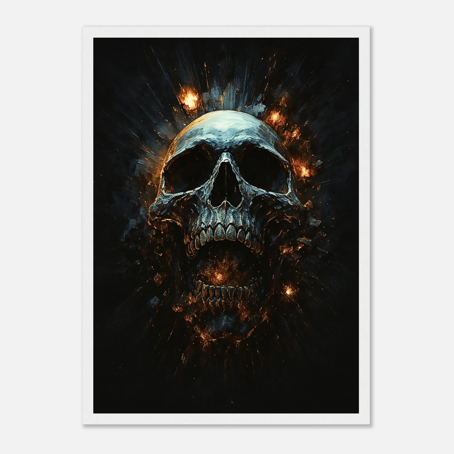 Infernal Skull Kunstdruck im weißen Rahmen – kontrastreiche Darstellung eines feurigen Schädels, ideal als modernes Dark Art Wandposter.