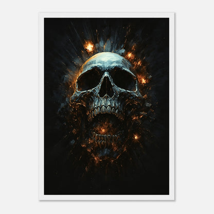 Infernal Skull Kunstdruck im weißen Rahmen – kontrastreiche Darstellung eines feurigen Schädels, ideal als modernes Dark Art Wandposter.