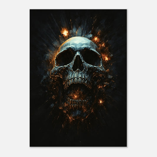 Infernal Skull – episches Dark Fantasy Gothic Poster mit brennendem Totenschädel für Wanddekoration, hochwertiger Kunstdruck.