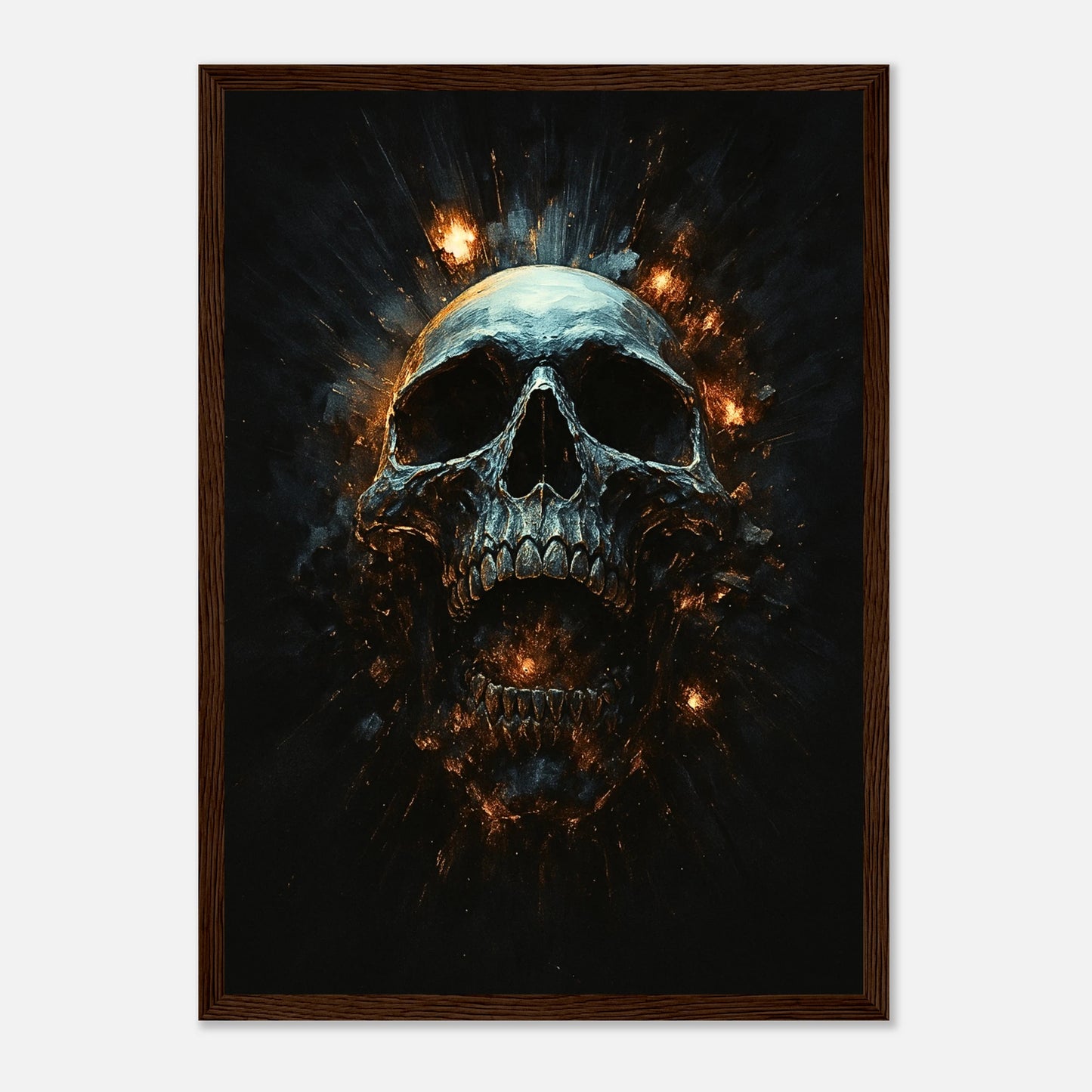 Infernal Skull Wandbild im dunkelbraunen Holzrahmen – intensives Schädelmotiv mit glühenden Lichtern, perfekte Wanddekoration für Wohnzimmer oder Büro.