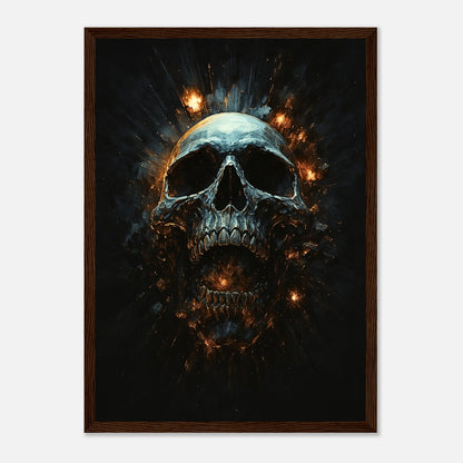 Infernal Skull Wandbild im dunkelbraunen Holzrahmen – intensives Schädelmotiv mit glühenden Lichtern, perfekte Wanddekoration für Wohnzimmer oder Büro.