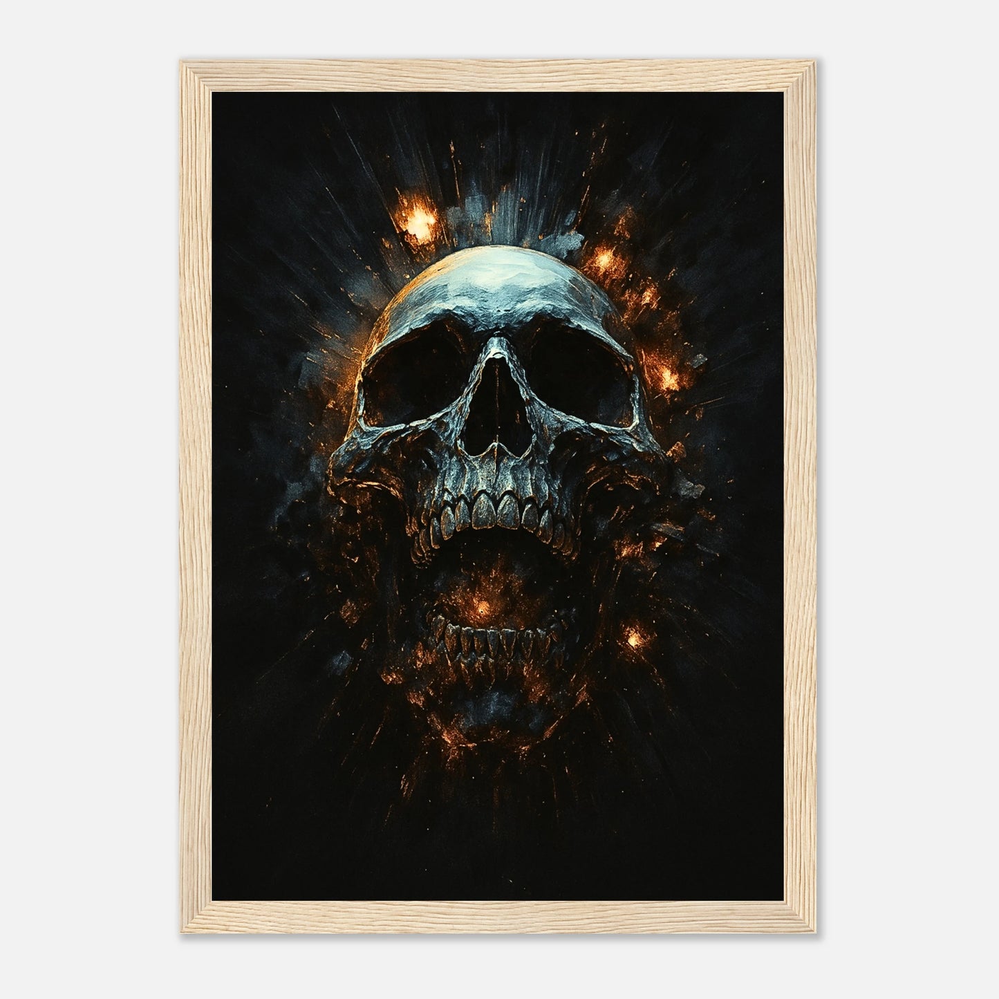 Infernal Skull Poster mit hellbraunem Holzrahmen – düsteres Kunstwerk mit feurigem Totenkopf, moderne Wandkunst im Gothic- oder Fantasy-Stil.