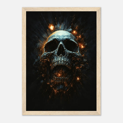 Infernal Skull Poster mit hellbraunem Holzrahmen – düsteres Kunstwerk mit feurigem Totenkopf, moderne Wandkunst im Gothic- oder Fantasy-Stil.