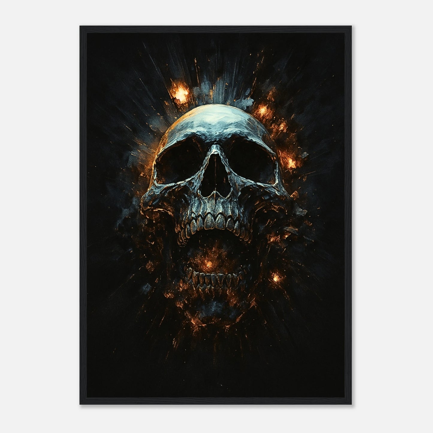 Infernal Skull Poster mit schwarzem Rahmen – feuriger Totenkopf auf dunklem Hintergrund, kraftvolles Dark Art Wandbild für moderne Räume.