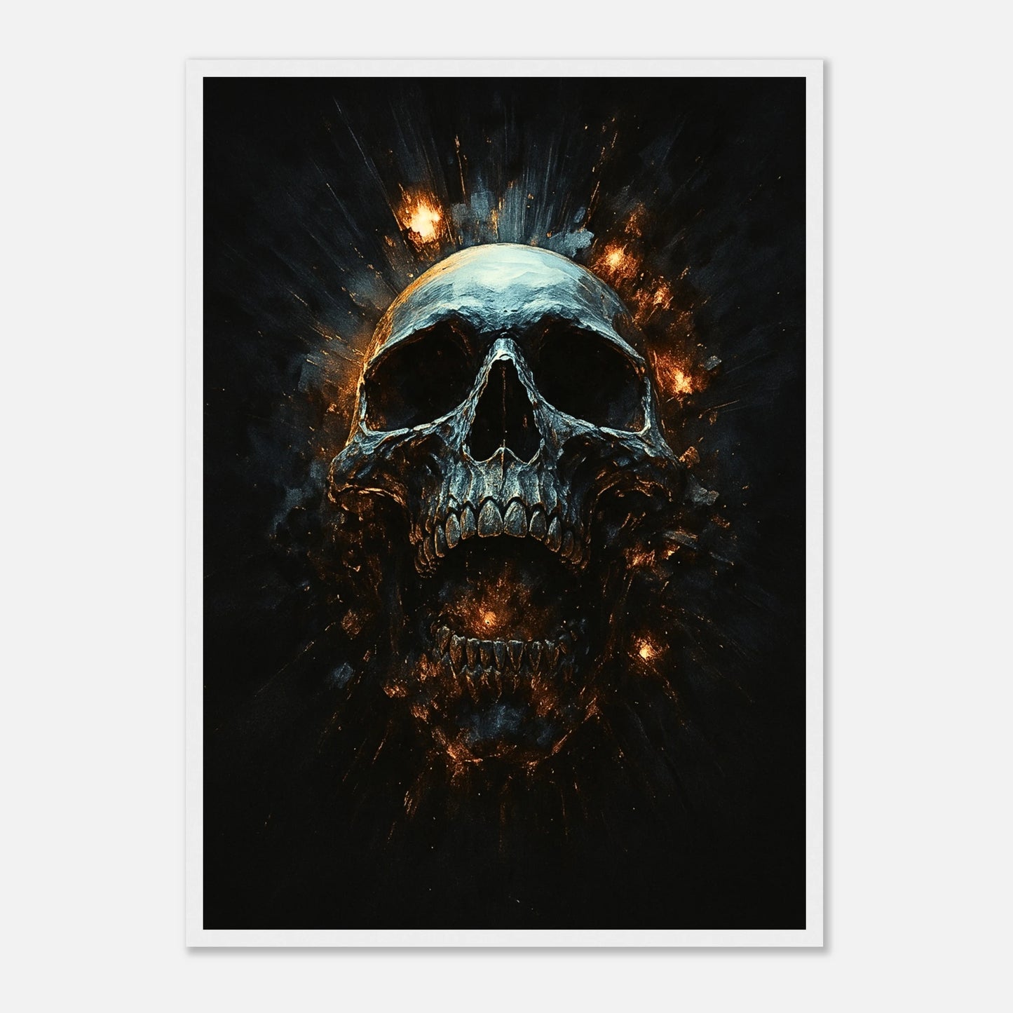 Infernal Skull Kunstdruck im weißen Rahmen – stilvolle Dark Art Illustration eines glühenden Schädels, hochwertiges Poster für Designliebhaber.