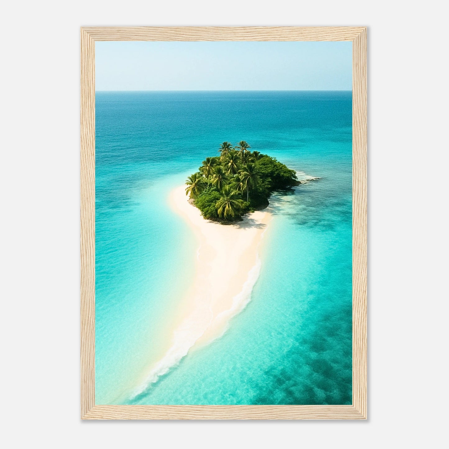 Island Escape Poster im hellbraunen Holzrahmen – tropische Insel im türkisblauen Meer als stilvolles Sommer Wandbild