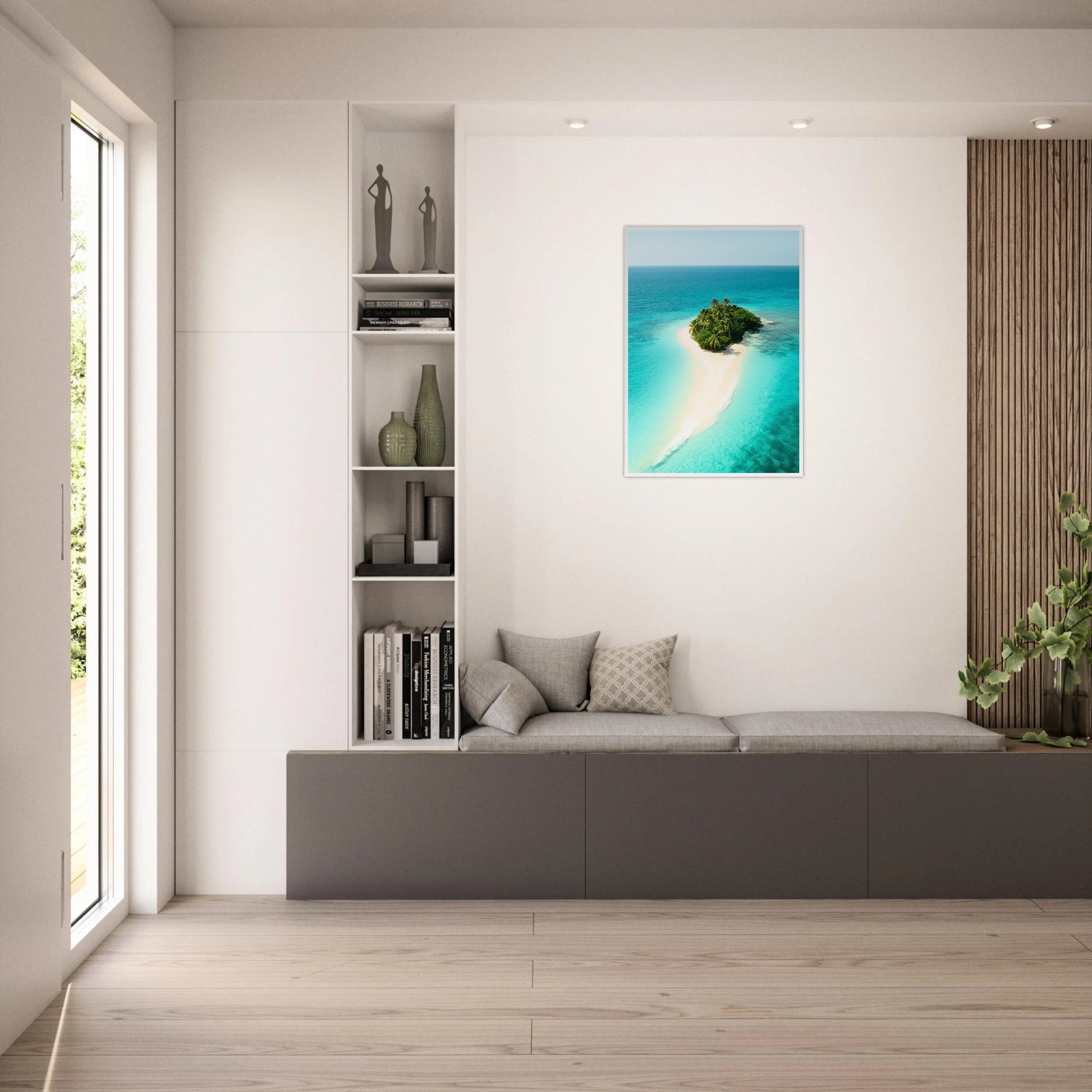 Island Escape Poster Strand & Meer – tropische Insel als stilvolle Wanddekoration im Wohnzimmer