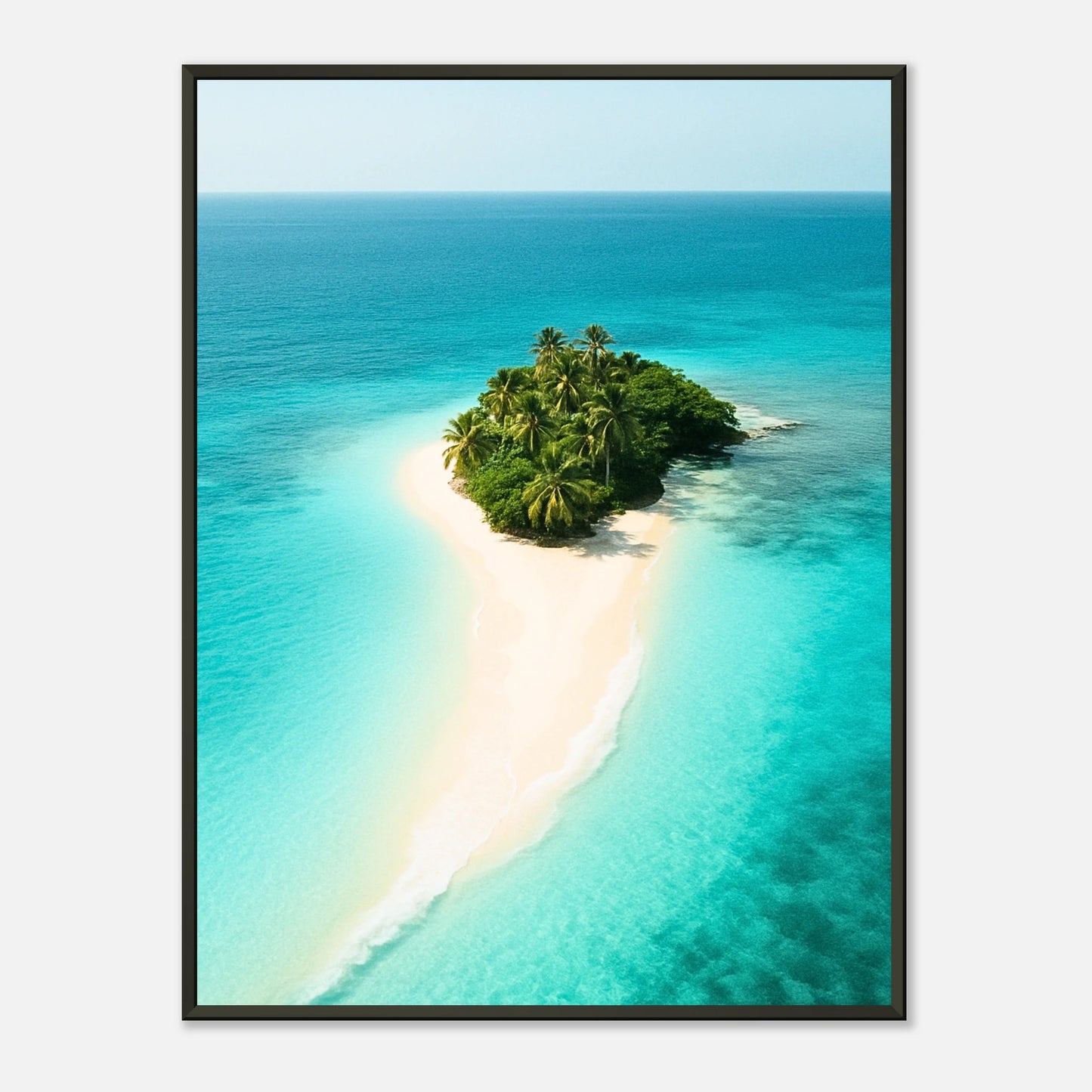 Island Escape Poster im schwarzen Metallrahmen – tropische Insel mit türkisblauem Meer und weißem Sandstrand, modernes Strandposter von Defa Designs.