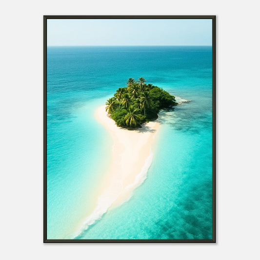 Island Escape Poster im schwarzen Metallrahmen – tropische Insel mit türkisblauem Meer und weißem Sandstrand, modernes Strandposter von Defa Designs.