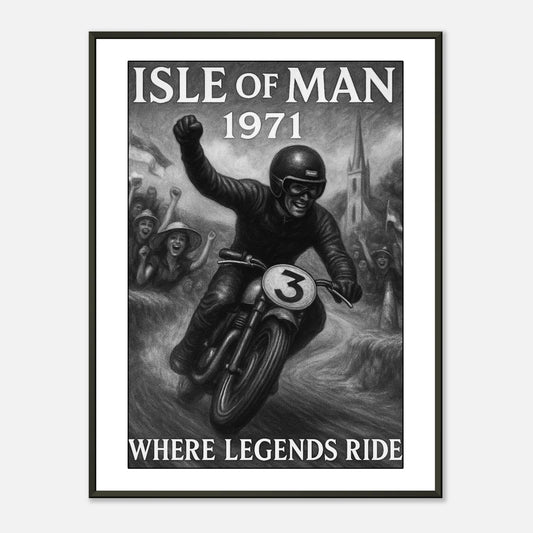 „Isle of Man 1971 – Born to Ride“ Poster im schwarzen Metallrahmen – klassisches Motorradrennen als Vintage-Wandkunst | DEFA Designs