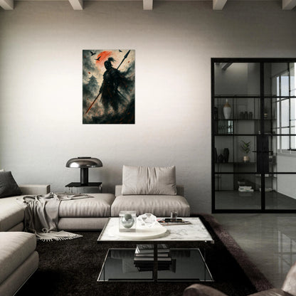 Japanese samurai poster in stylish dark living room, dramatic red sun and autumn leaf background