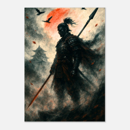 Japanese samurai warrior wall art print with red sun and falling autumn leaves, fantasy style