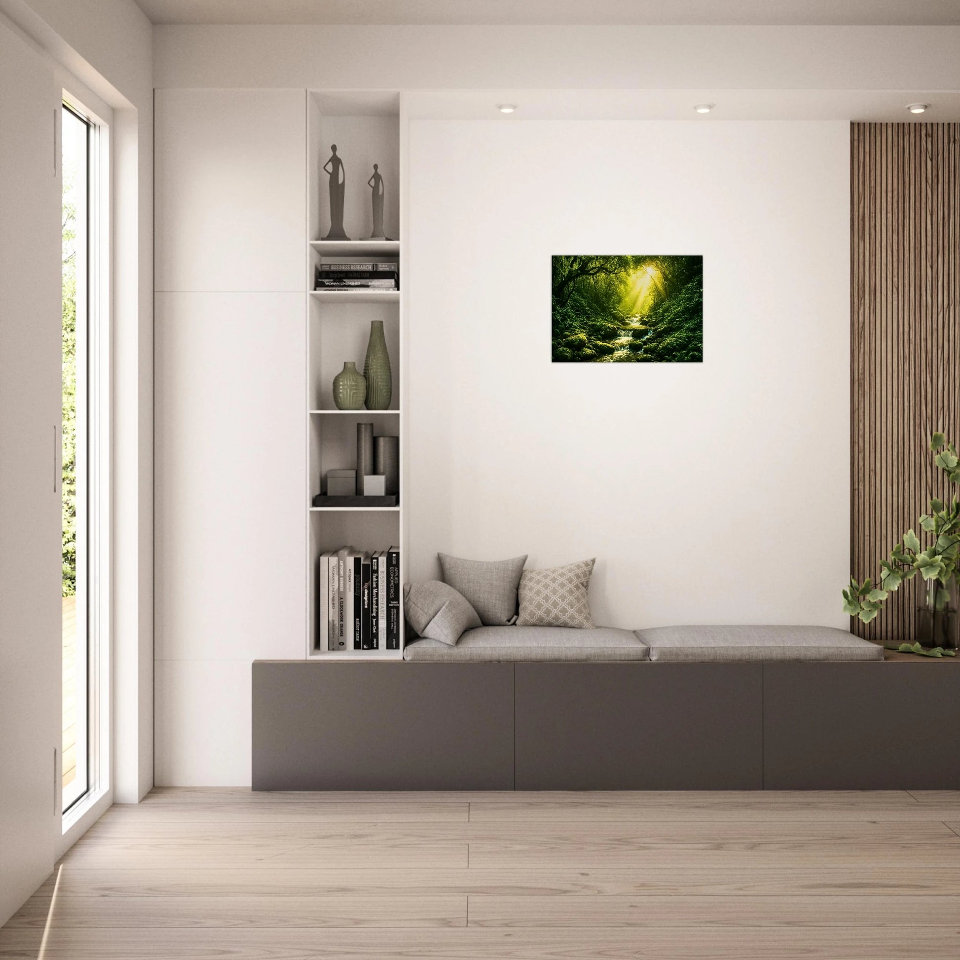"Jungle wall art in modern living room – Light in the Jungle poster by Defa"