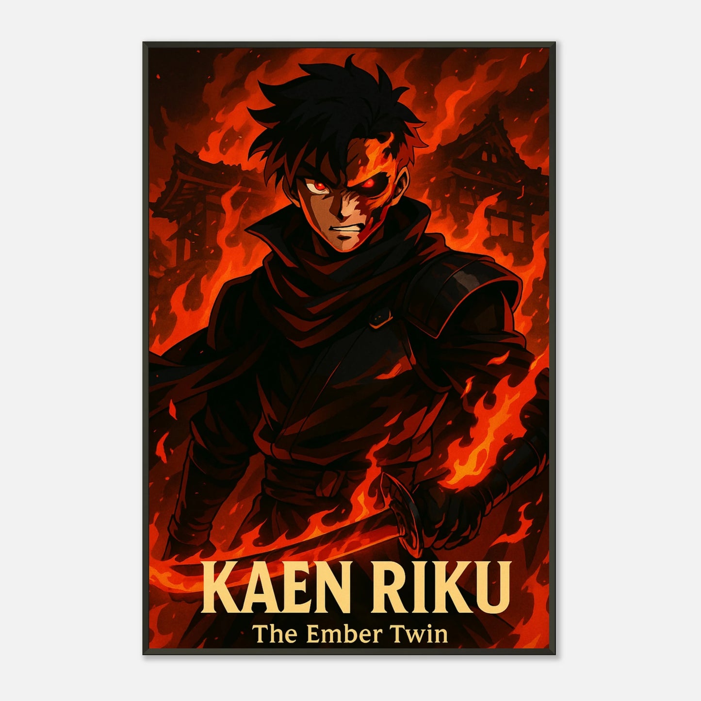 „KAEN RIKU“ Anime-Poster – rote Flammen & entschlossener Blick eines brennenden Kämpfers | DEFA Designs