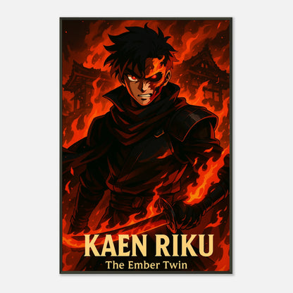 „KAEN RIKU“ Anime-Poster – rote Flammen & entschlossener Blick eines brennenden Kämpfers | DEFA Designs