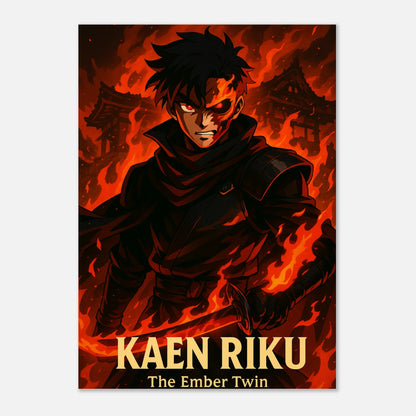 Anime Poster Kaen Riku – The Ember Twin. Epischer Kunstdruck mit feurigem Krieger in Flammen, hochwertige Wandkunst für Anime Fans