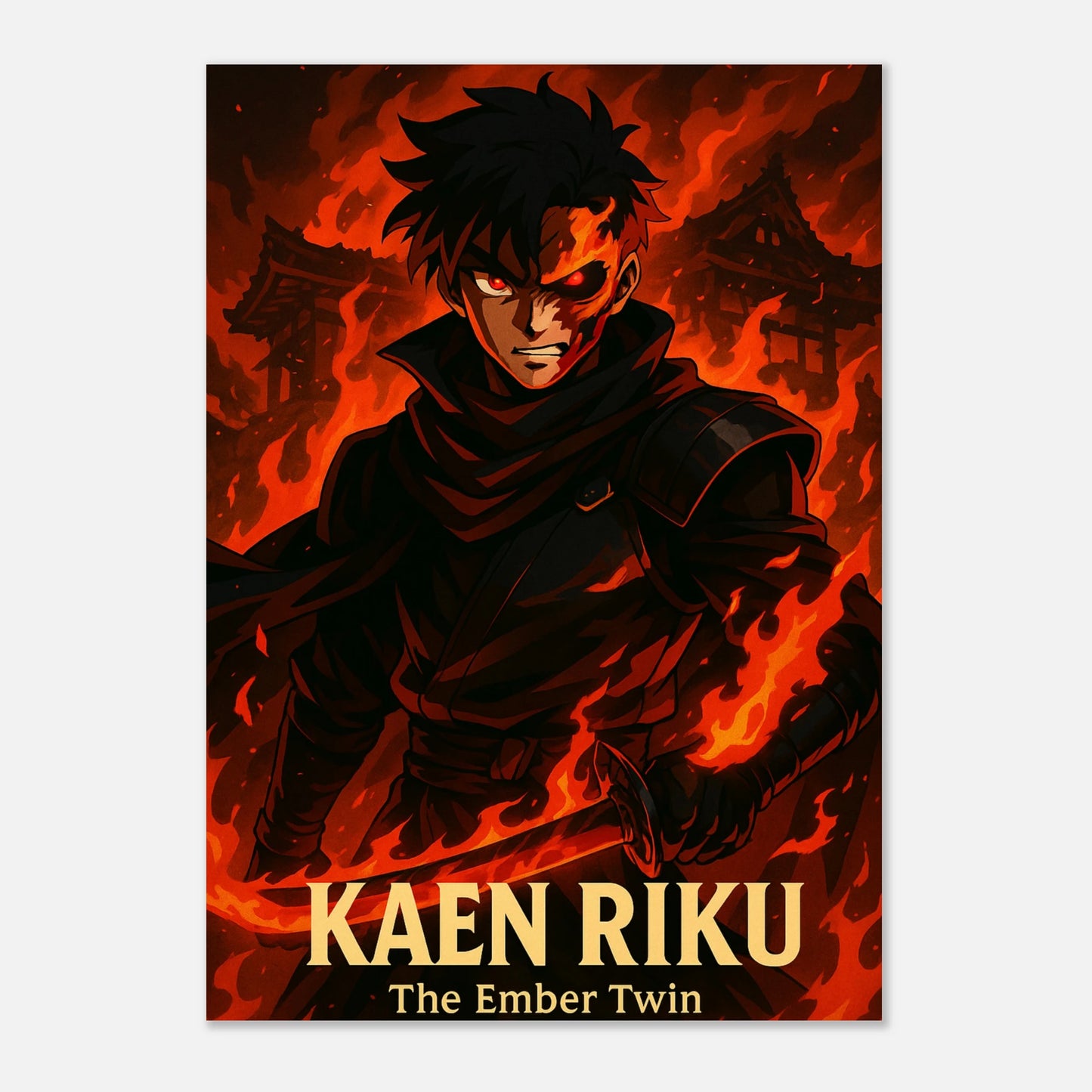 Anime Poster Kaen Riku als Wanddeko im Wohnzimmer – kraftvolle Wandkunst mit Feuerdesign für Anime Liebhaber