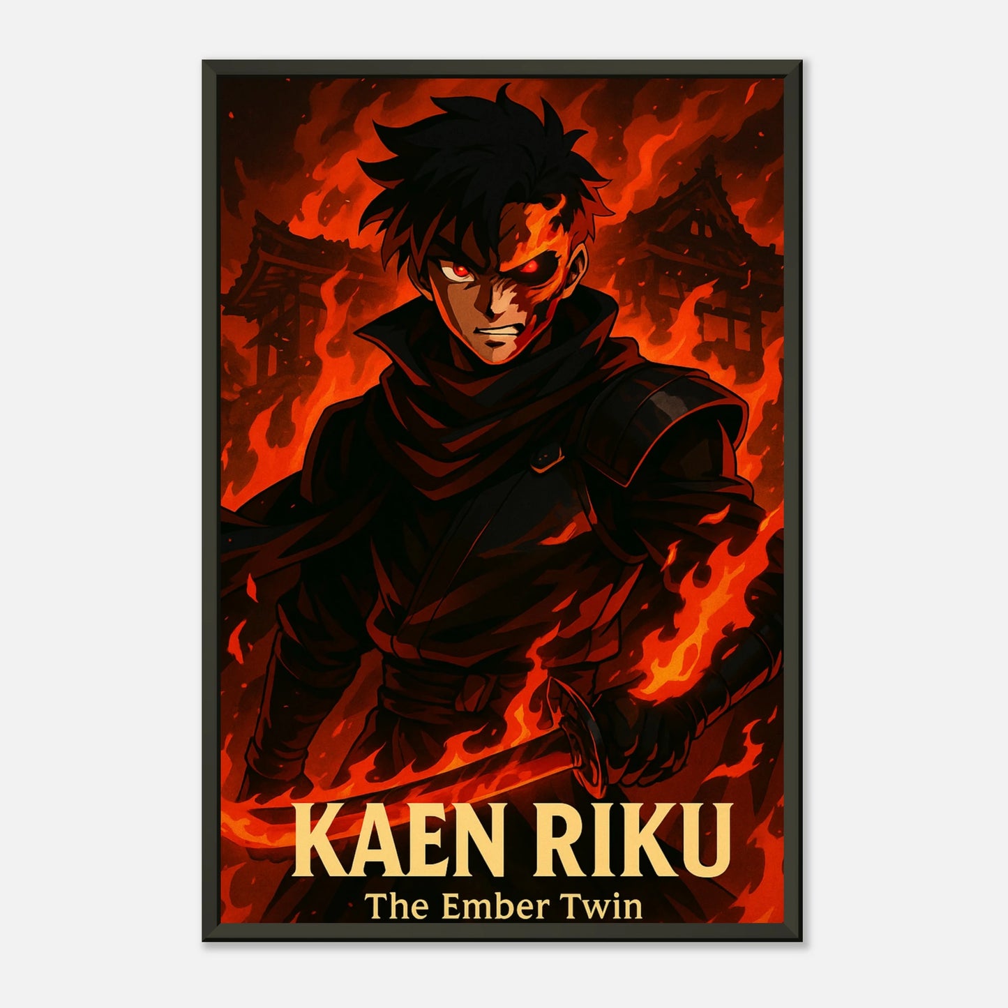 Anime-Poster „KAEN RIKU – Flame of Vengeance“ – feuriger Charakter mit intensiver Energie | DEFA Designs