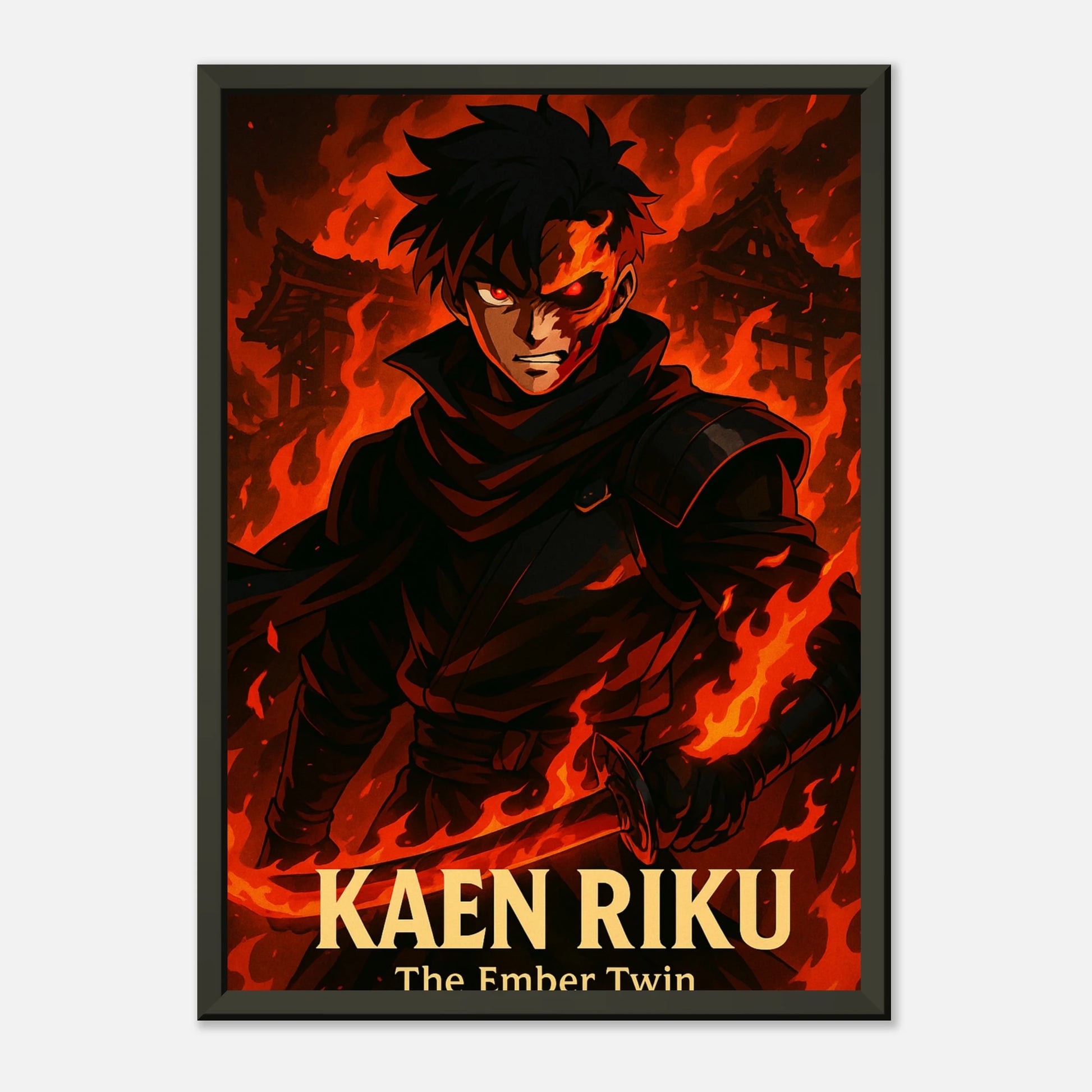 „KAEN RIKU“ Poster im schwarzen Metallrahmen – leuchtendes Anime-Motiv mit rotem Feuereffekt | DEFA Designs